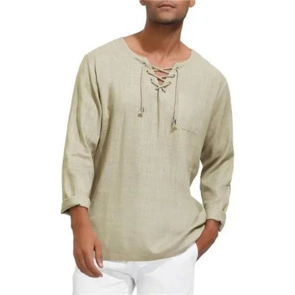 New Men's Long Sleeve Linen Tee, Kaki